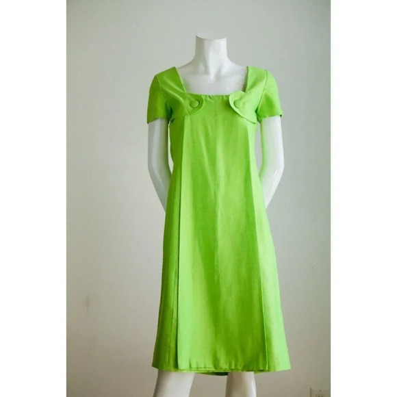 Vintage 60s LINEN Chartreuse Green A line Midi  Dress S - Picture 3 of 12